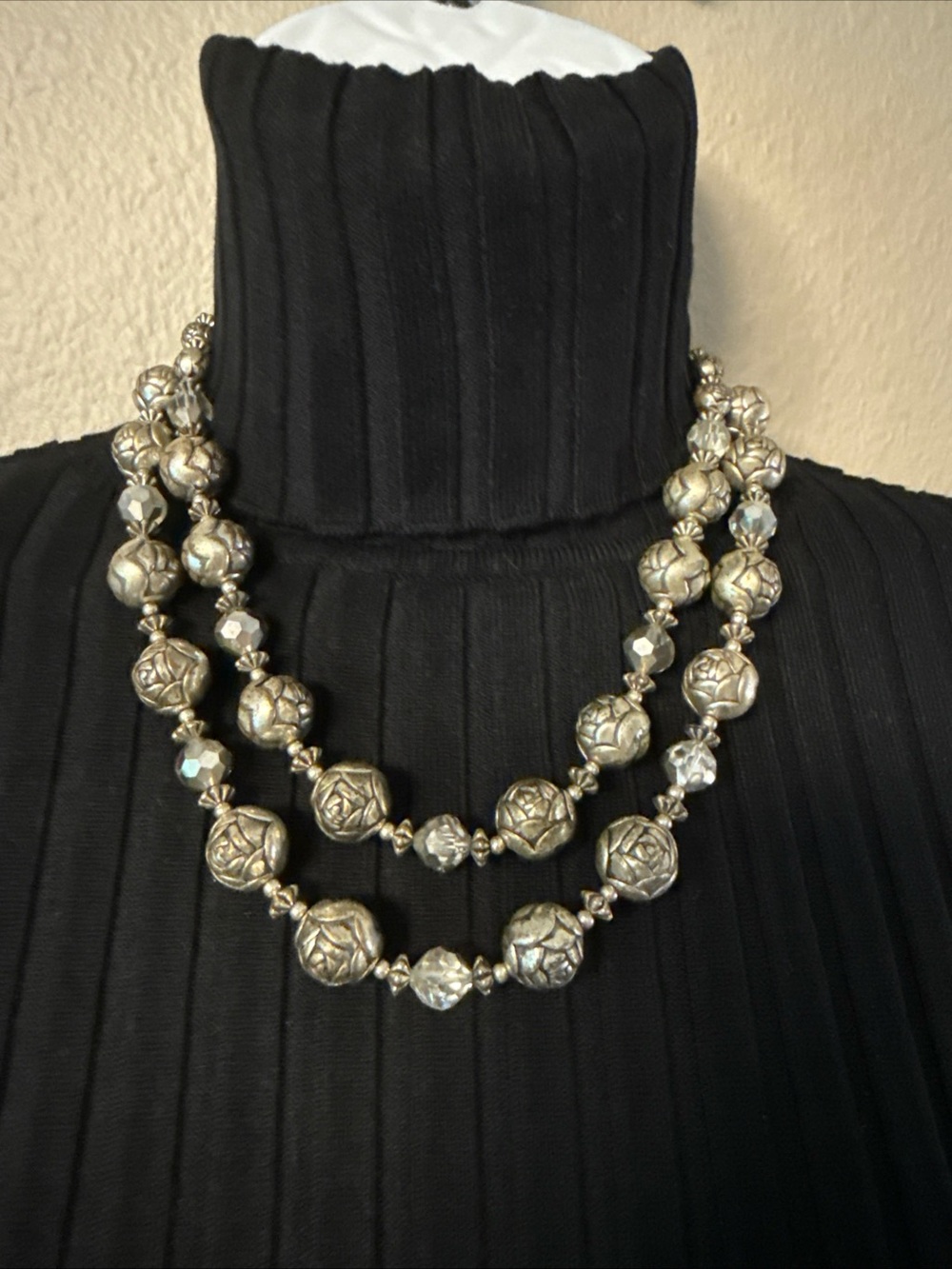 Boutique Silver Roses With Multifaceted Crystal Bead Necklace